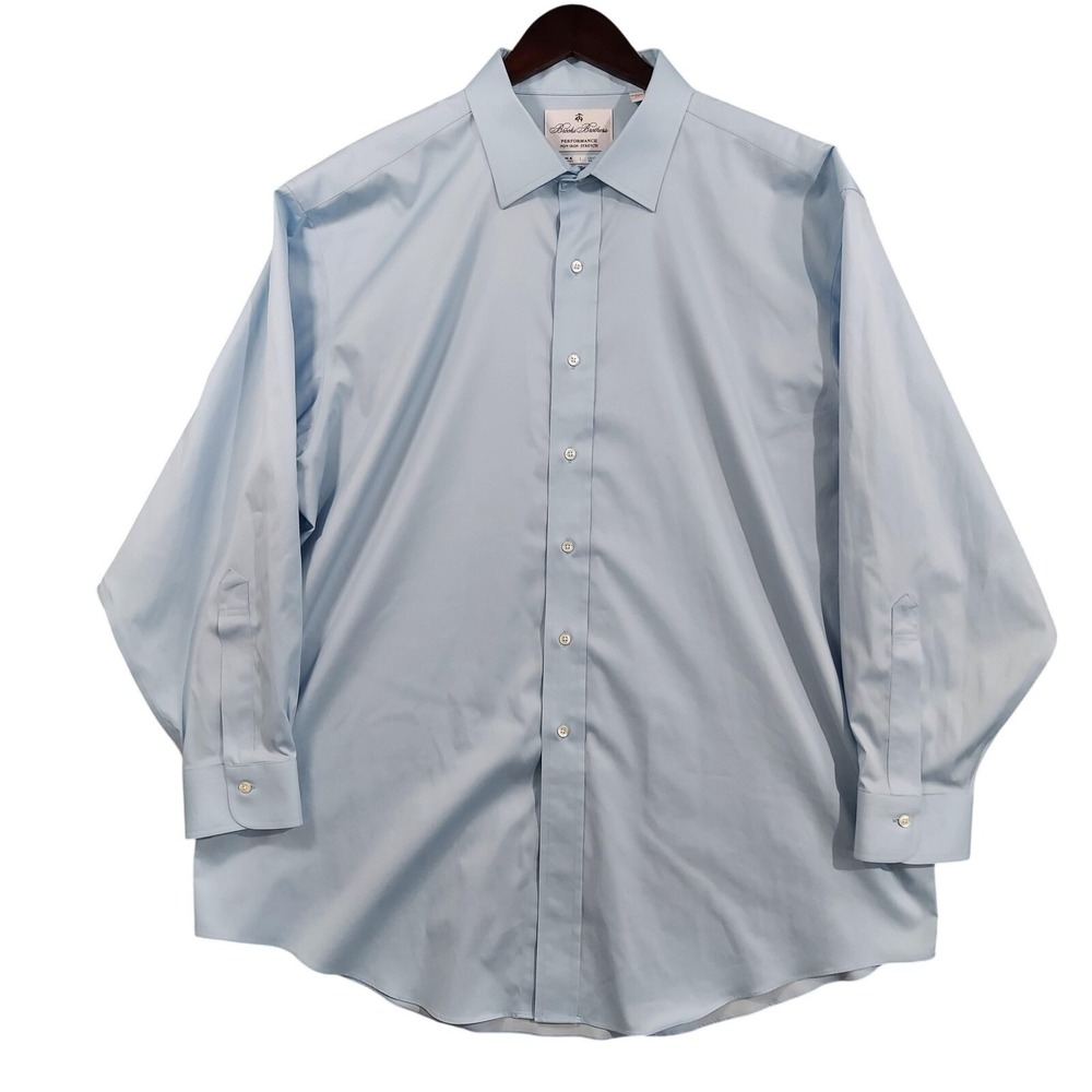 Brooks Brothers Shirt Mens 18 34/35 Blue Solid Madison Fit Non Iron Stretch